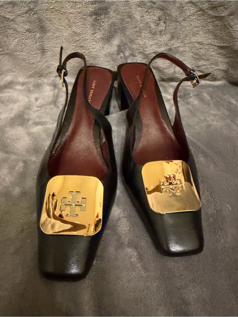Tory Burch Black Leather Slingback Mules with Gold Plaques
